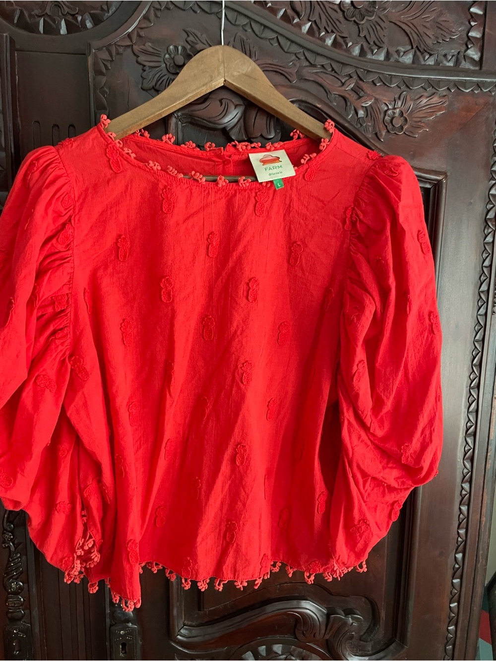 FARM Rio Bright Red Puff-Sleeve Embroidered Blouse